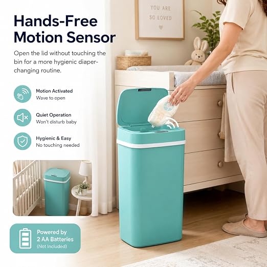 15L Smart Diaper Pail with Motion Sensor Lid | Touchless Hands-Free Baby Diaper Trash Can | Double Locking Seal | Slim Space-Saving Design | Quiet & Durable (Turquoise)