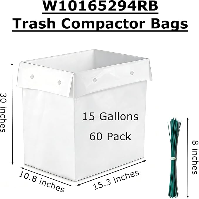 60 Pack Trash Compactor Bags Heavy Duty Compactor Bag for Kitchen Leak Proof 2.6 MIL Thickened Garbage Compactor Bags Fit for 15 inch Drawer Compactors(with Reserved Holes&Ties)