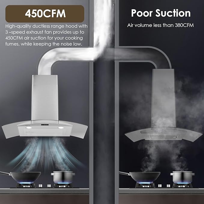30 Inch Wall Mounted Curved Glass Range Hood with 450 CFM Stainless Steel kitchen Ductless/Ducted Convertible with 3 Speeds Extract Fan & Touch Control