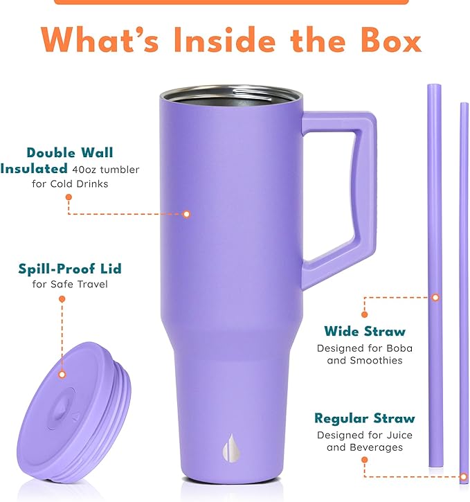 Elemental 40 oz Tumbler with Handle and Straw - Spill Proof Insulated Stainless Steel Commuter for Cold Beverages - Travel Coffee Mug with 2 Straws & Spill Proof Lid - 40oz - Lavender