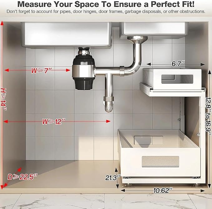 2 Pack 21.3IN-Depth Under Sink Organizer With Next-Gen Ball-Bearing Slides,2-Tier Pull Out Cabinet Storage,Height Adjustable Drawer Shelf for Bathroom,Kitchen,Laundry,Cabinet,Pantry-White