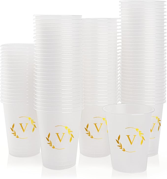 100 Monogrammed Cups Disposable Initial Plastic Cup 12 oz Wedding Personalized Cup for Wedding Reception Baby Shower Birthday Party(Letter V)