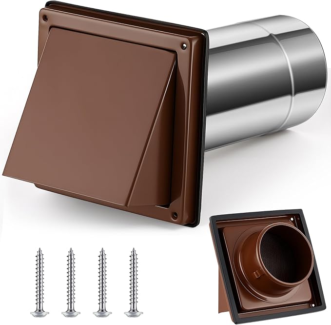 Gisafai 4" Dryer Vent Cover Outside with Stainless Steel Screen Wall Dryer Exhaust Cap and Removable Extended Pipe Vent Shroud Hood Cushioned Non Return Flap with Sealing Gasket Grille (Brown)