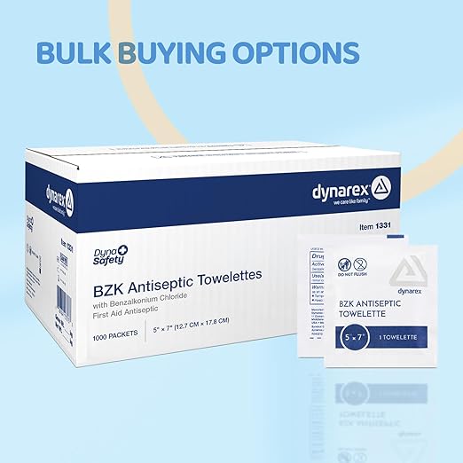 Dynarex DynaSafety BZK Antiseptic Towelettes - Sterile, Alcohol and Fragrance Free, Gentle Cleansing, Safe on Minor Wounds - 5" x 7" - Case of 1000