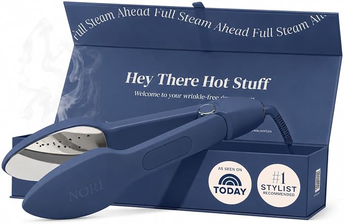 Nori Press Travel Steam Iron - Handheld Iron With Optional Steam Feature - No Ironing Board Required - Easy to Use w/ 6 Fabric Settings - Removes Wrinkles - User Manual Included - Navy