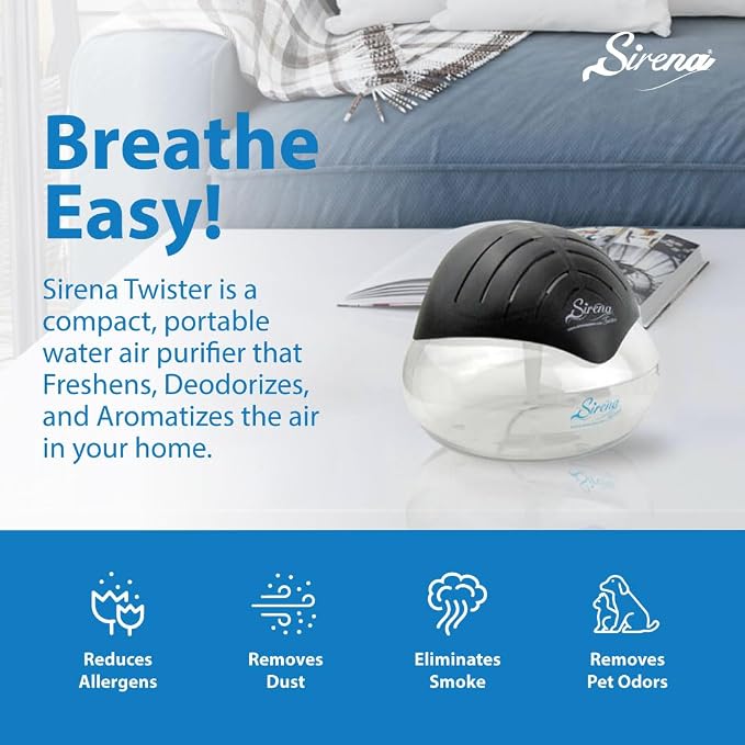 Sirena Twister Air Purifier (Black) - Water Filter Air Washer For Home and Office - Essential Oil Aroma Diffuser With LED Night light - Small Air Cleaner For Smoke and Pets
