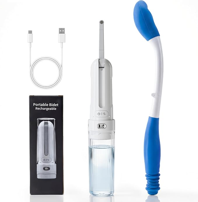 Electric Portable Bidet Toilet Aids Wiper Tool Set, White | 2-in-1 travel hygiene kit 15.7" extended length wiping tools 1600mAh Long-lasting Battery USB-C Rechargable IPX7 Waterproof