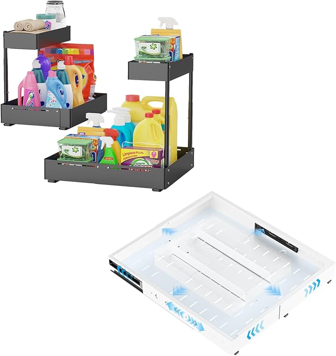 Insputer 2 Pack Under Sink Organizer with Pull Out Cabinet Organizer Expandable (12.4"-20.08") W & (16.26"-22.44") D