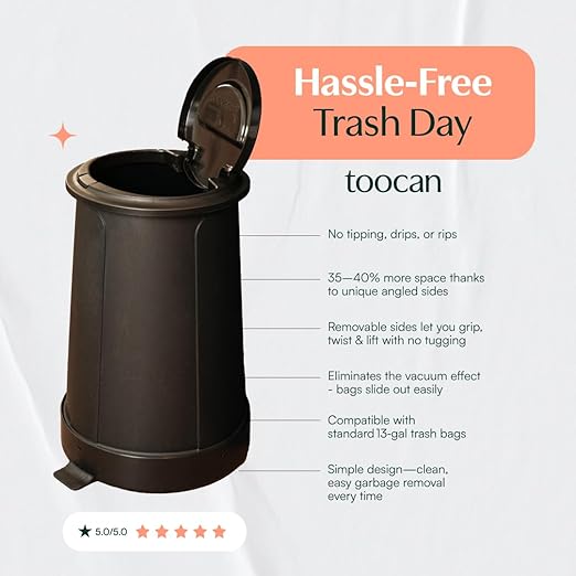 Toocan Trashcan - Classic Black -13 Gallon Trash Can with Removable Base & Lid – Patented Design, 40% More Space, Uses Standard Bags, Easy to Clean for Home or Office