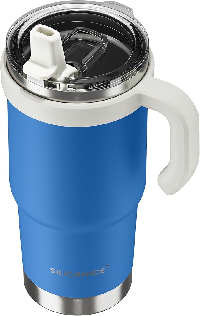24oz Hygienic Insulated Tumbler with Handle —100% Leakproof Lid with Removable Spout & Straw, Reinforced Vacuum-Protection Base, Cup Holder Friendly, for Travel,Office & School-Blue