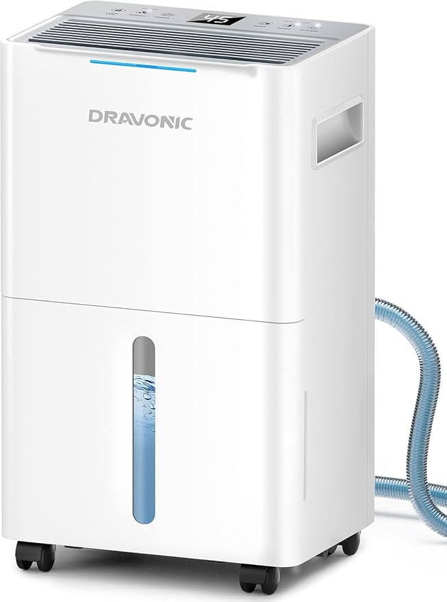 Dehumidifier for Basement, Laundry Room & Closet, Color Humidity Light, Continuous Drain Hose, 3 Modes, DRY Mode for Indoor Clothes, Auto Humidity Control (White, 1,500 Sq.Ft)