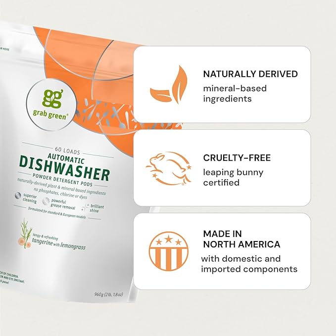 Grab Green Automatic Dishwashing Detergent Pods, 132 Count, Thyme Fig Leaf Scent, Plant and Mineral Based, Superior Cleaning, Powerful Grease Removal, Brilliant Shine