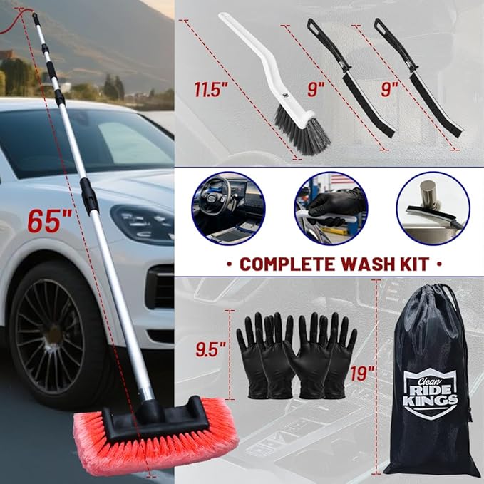 Car Wash Brush (65 in) - Heavy Duty Truck Wash Kit with 4 Heads (Tire Scrubber & 2 Stiff Brushes) - Flow-Thru Wand Compatible with SUV, Off-Road Vehicles & Wheels (Red)