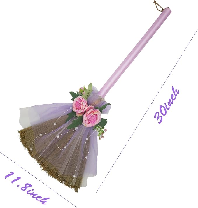 Wedding Broom Jumping Broom for Wedding Ceremony 28 inch Whisk Purple Gauze/Artificial Roses (Finished Product)
