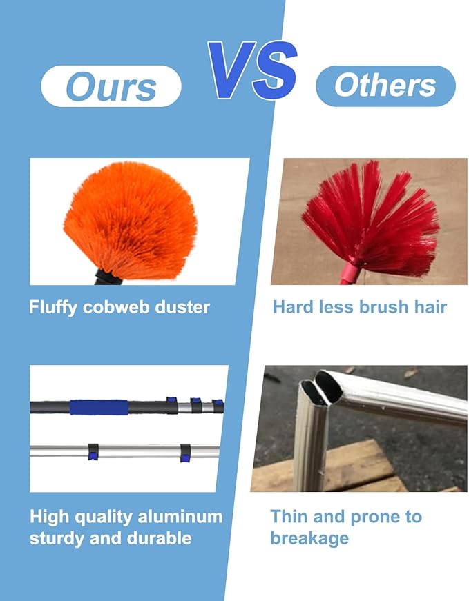 26FT Reach Cobweb Duster, Outdoor Spider Web Cleaner Brush with 5-20FT Telescoping Extension Pole, Aluminium Heavy Duty, Medium Stiff Bristles Spider Web Brush for Outdoor & Indoor Cleaning
