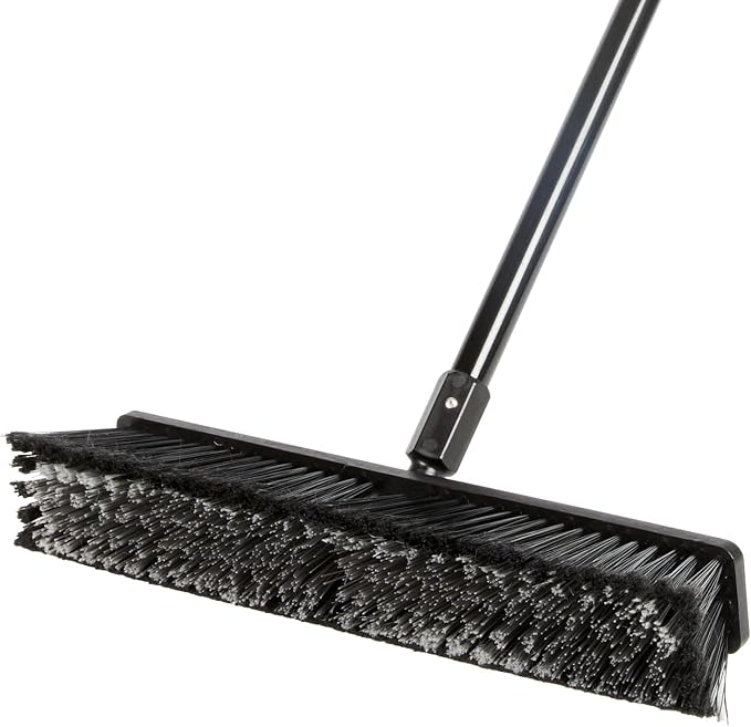 Restaurantware-Clean Tek Professional 17.13 Inch Push Broom, 1 Heavy-Duty Broom with 59” Handle - Medium Bristles, 2 Handle Attachment, Wooden, Commercial Use, for Deck, Garage, Yard, Patio