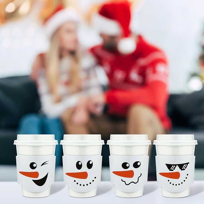 Ziliny 100 Pack 12 oz Christmas Disposable Paper Cups with Lids and Coffee Cup Sleeves Xmas Chocolate Cups Holiday Coffee Cups Snowman Paper Cups for Hot Cold Drinks Beverage Party Supplies