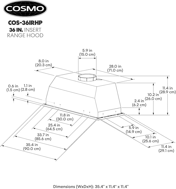 COSMO COS-36IRHP 36 in. Lumin Collection 380 CFM Ducted Insert Range Hood, Button Controls, LED Lights, Stainless Steel