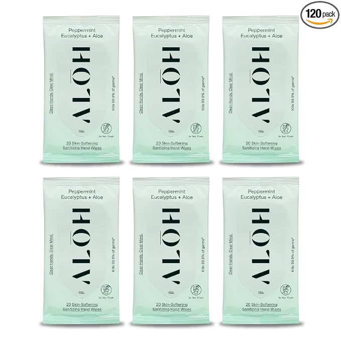 ALŌH Peppermint Eucalyptus Sanitizing Hand Wipes - Clean Hands, Clear Mind On The Go Sanitizer for Kids and Adults - Travel Size 6 packs of 20ct Wipe (120 Wipes)