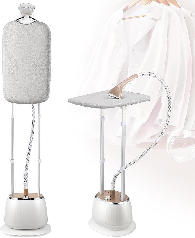 CGOLDENWALL 3-in-1 Standing Garment Steamer for Clothes, with Flat & Hanging & Diagonal Iron Options, 10-Level Steam, Includes Garment Hanger, Ironing Board, and Gloves