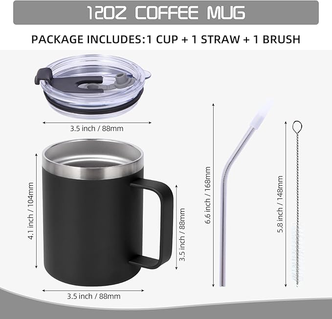 Volhoply 12oz Insulated Leakproof Coffee Mug with Sliding & Straw Lid Bulk 4 Pack,Double Wall Vacuum Stainless Steel Travel Tumbler Cup with Handle,Camping Mugs Keep Cold/Hot(Assort color,4 Set)