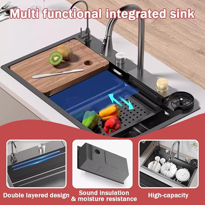 Dark Grey Single Bowl Stainless Steel Waterfall Kitchen Sink with Utility Hot & Cold Pull-Out Faucet,Knob Control Workstation Sink With Cup Washer,Drainage Basket (33.5 * 17.7 * 8.3in)