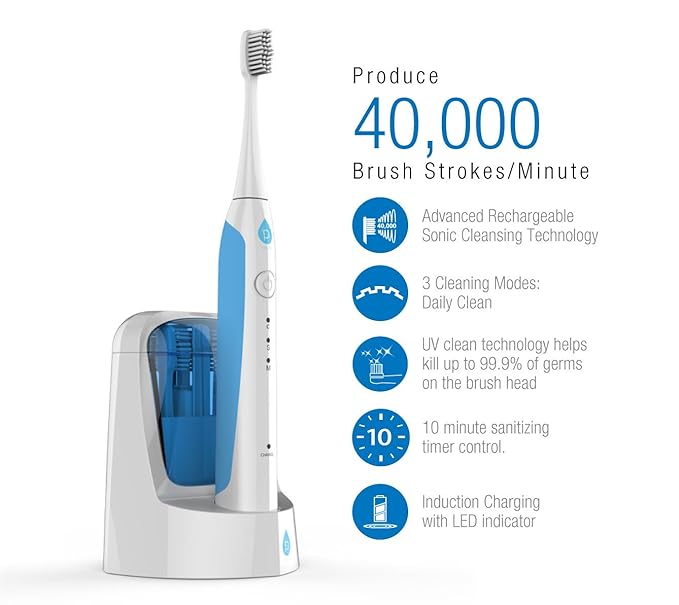 Pursonic S750 Sonic Toothbrush (White) — Smart Series Electronic Power Rechargeable Battery Toothbrus for Adults — 12 Bonus Brush Head