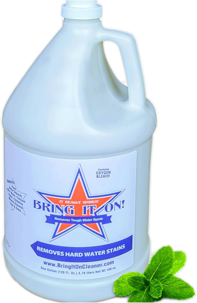 Bring It On Cleaner- 128 Oz Shower Door Hard Water Spot Stain Remover with OXYGEN BLEACH. Safely Clean Shower Door Glass, Tiles, Taps, Grout and Fiberglass