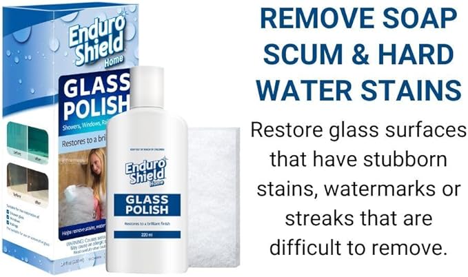 EnduroShield Shower Door Glass Polish – Water Spot Remover & Hard Water Stain Cleaner for Cloudy Shower Doors – Removes Soap Scum, Limescale & More – 7.4 fl oz