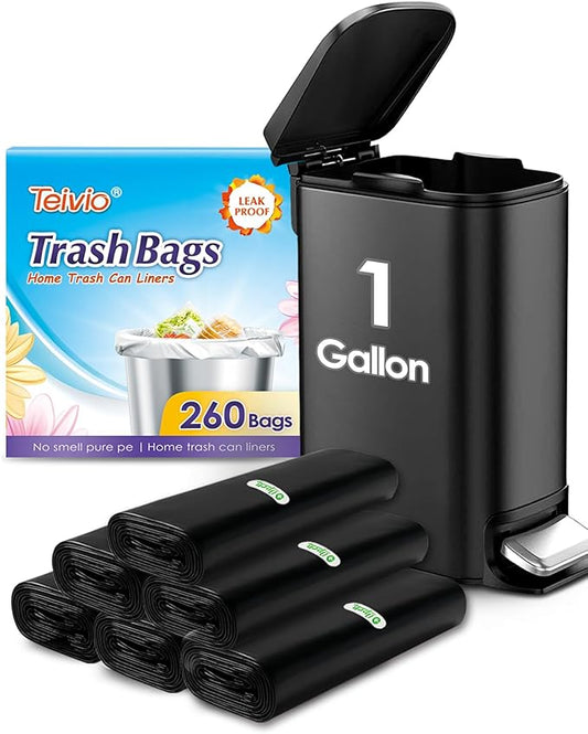 Teivio 1 Gallon(Fit 1-1.2 Gal) 260 Counts Strong Trash Bags 1 Gallon 1.2 Gallon Garbage Bags, Bin Liners, for home office kitchen (Black)