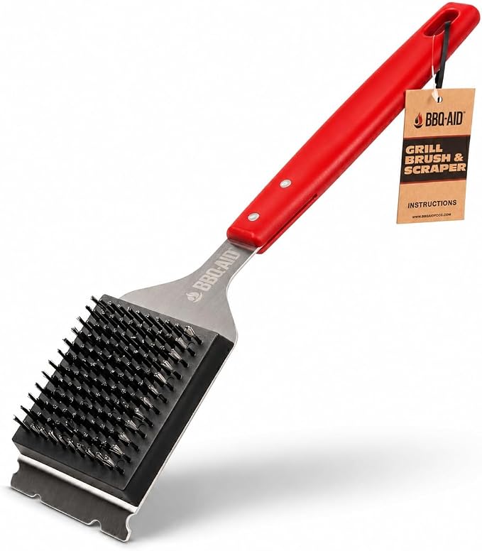 Wire Brush & Scraper for BBQ Grill Cleaning with Replaceable Head - Red | Heavy-duty stainless steel with a long acacia wood handle for better grip and a convenient replaceable head.