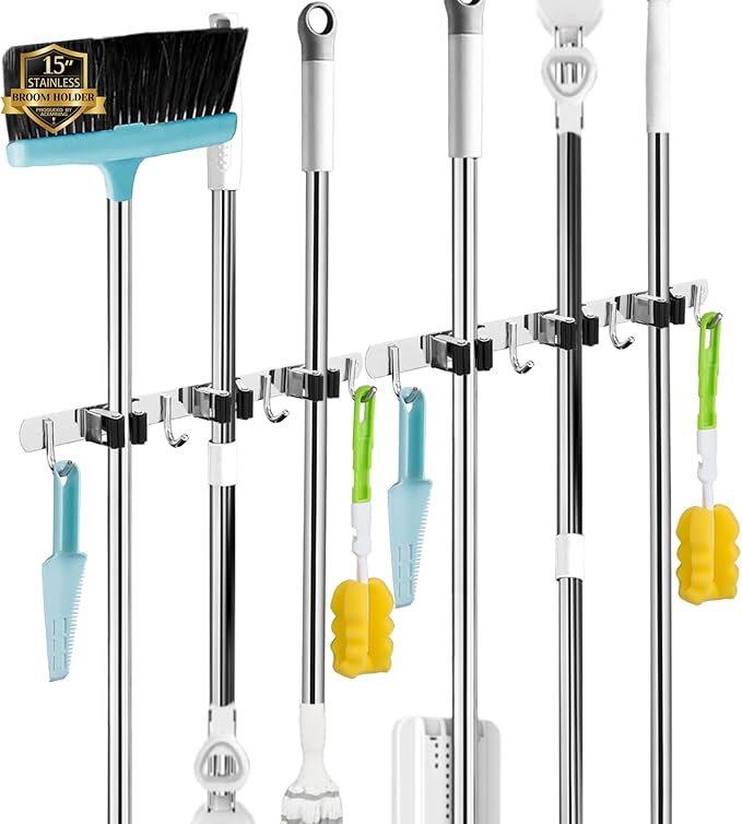 AceMining Plastic and Rubber Broom and Mop Storage Rack, Black, 5 Racks and 4 Hooks, Holds Up to 30 lbs