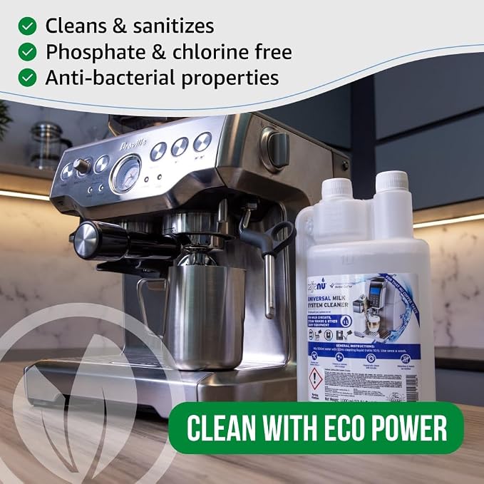 Caffenu Universal Milk System Cleaner – Professional Alkaline Liquid for Coffee Machines – Sanitizes & Removes Milk Blockage from Steam Wands & Automatic One-Touch Circuits – 1L (33.81 fl oz)