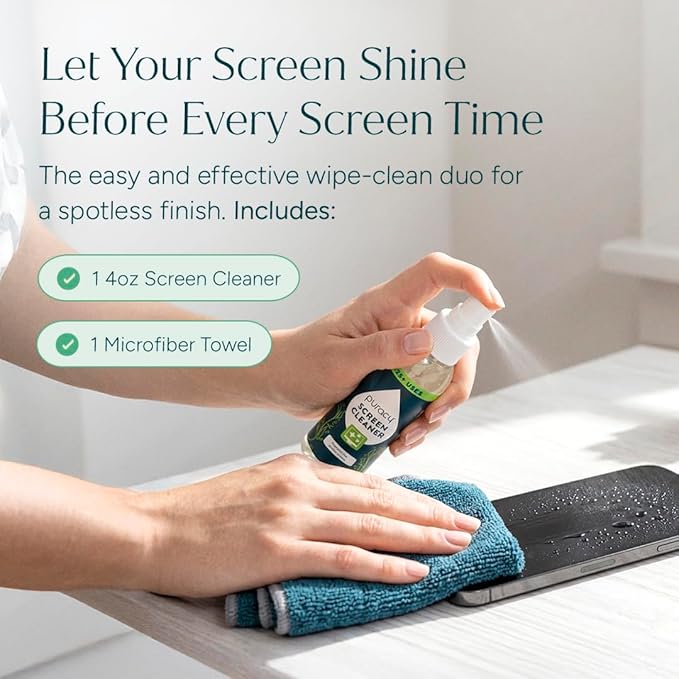 Puracy Screen Cleaner with Microfiber Cloth – All Purpose Phone, Laptop, Computer, TV Car Display Cleaner, Streak-Free and Fingerprint-Free (4 oz, Free & Clear)