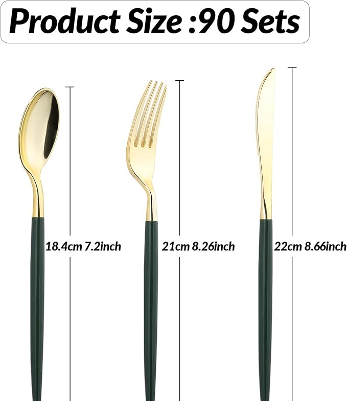 Goodluck 90 PCS Green Gold Plastic Silverware Set for 30 Guests,30 Knives, 30 Forks and30 Spoons, Food-grade material free of BPA, Gold Plastic Cutlery Ideal for Weddings, Birthdays, Graduation