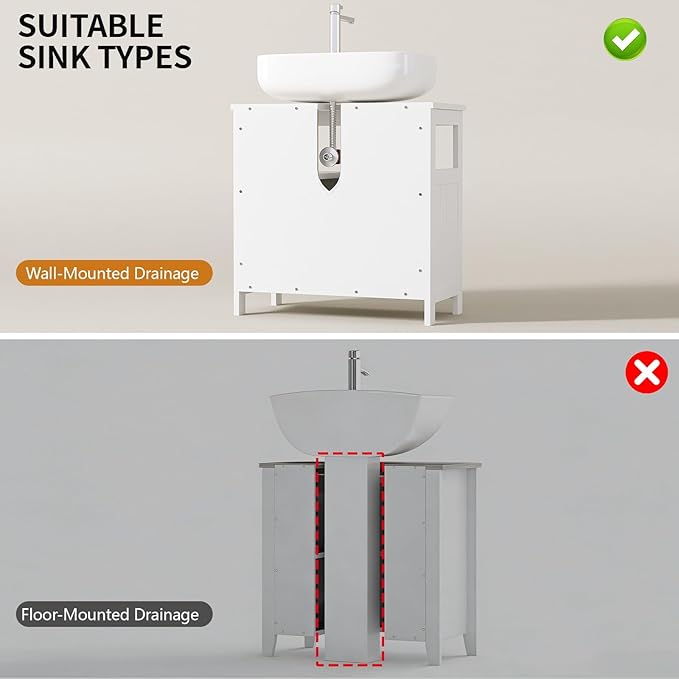 U-Shaped Under Sink Storage Cabinet with 2 Doors & Open Shelf, Freestanding Bathroom Vanity Organizer for Pedestal Sink, Water-Resistant MDF Cabinet for Toiletries & Cleaning Supplies, White