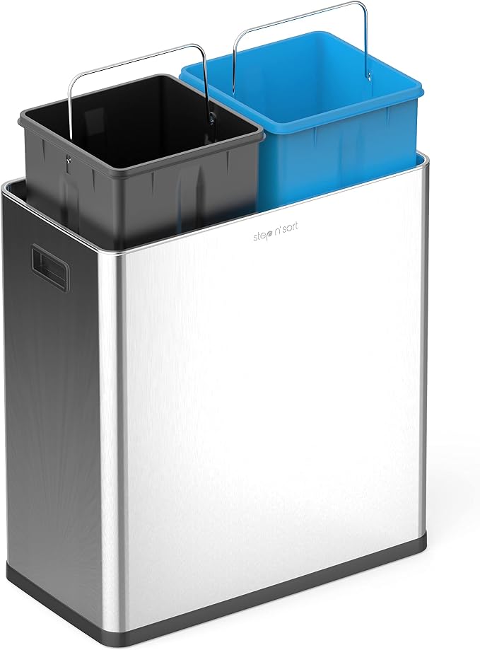 Step N' Sort Motion Sensor Trash Can (60L) – Touchless Stainless Steel Kitchen Garbage & Recycling Bin with Dual Compartments, Soft-Close Lid & Fingerprint-Proof Finish