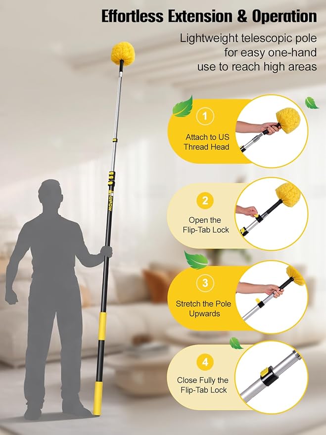 5-to-18 Foot Cobweb Duster with Extension Pole, Opow 25 Ft High Reach and 2 Replaceable Cleaning Washable Spider Web Brush Heads and Universal Joint Angle Adaptor Heavy Duty for Indoor & Outdoor Use