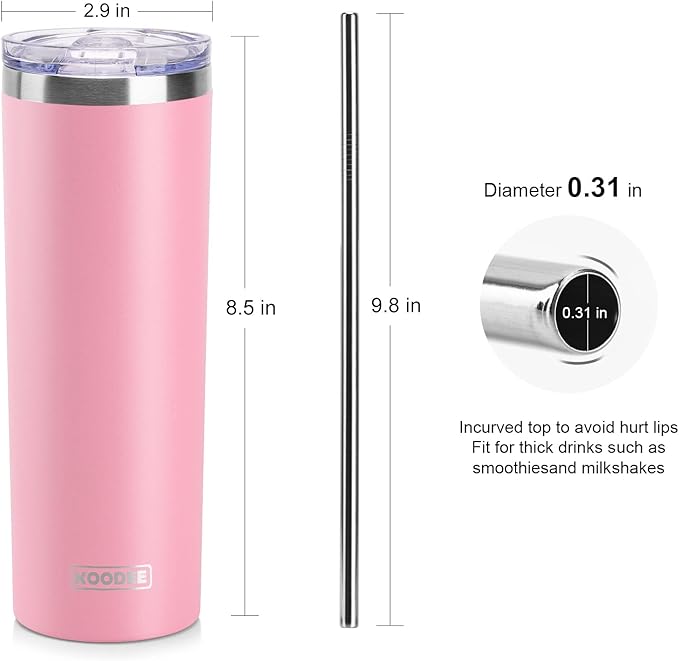koodee 20 oz Stainless Steel Skinny Tumbler Double Wall Insulated Slim Water Tumbler Cup with Lids and Straw (Pink)