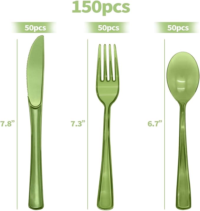 150 Pcs Sage Green Plastic Silverware, Disposable Plastic Utensils Heavy Duty, Green Silverware Sets Includes 50 Forks 50 Knives 50 Spoons for Birthday, Baby Shower, Picnic