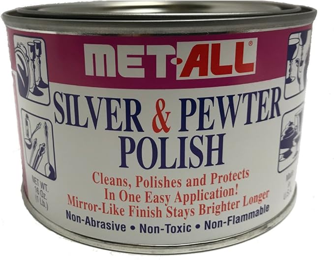 Met-all Silver sterlin Pewter Polish Instantly Shines, Cleans, Polishes Silverwares, Trophies, Antiques, Cutlery, Trays, Flatware, Decoratives, Collectibles 16oz + XL Mircofiber Cloth