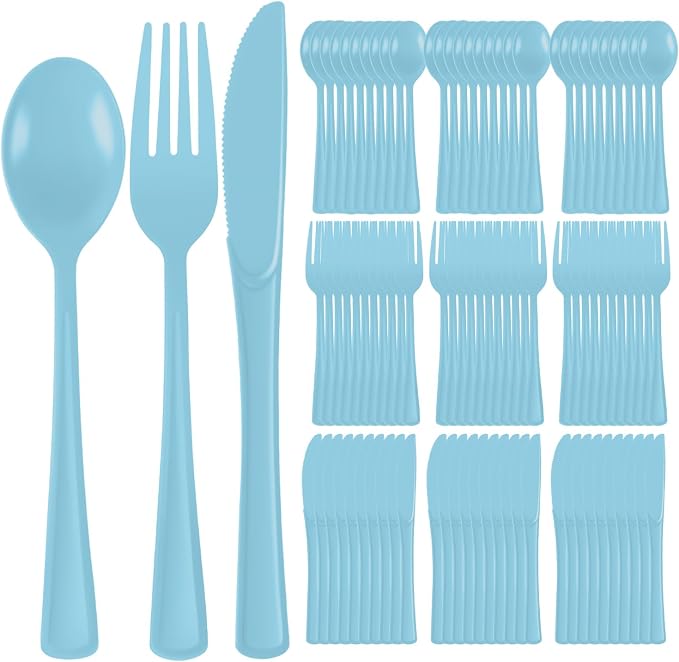 Plastic Silverware 300 PCS Disposable Silverware Heavy Duty Utensil Sets 100 Of Each Forks Knives & Spoons Disposable Cutlery Set For Easter,Birthday,Baby Shower,Garden Party,Wedding(300,Light Blue)