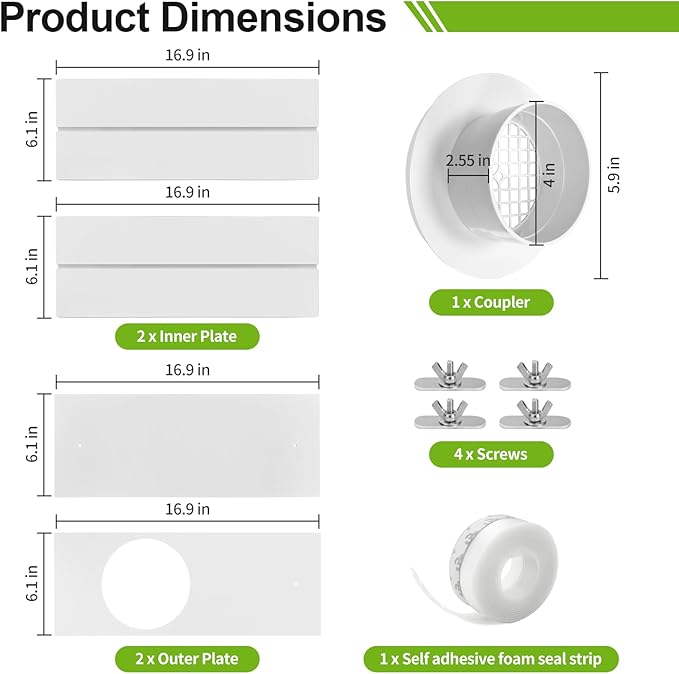 Dry Vent Window Kit for Dryer Vent Hose with 4" Diameter, Adjustable Window Dryer Vent Panels with Adjustable Length Panels and Insulating Foam Seal Strip (Max Length 59 inch)