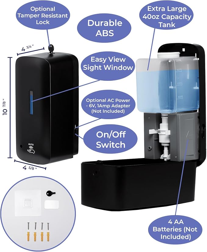 Automatic Soap Dispenser with Extra Large 40 oz. Capacity (Liquid/Gel) - Wall Mounted Hand Soap or Touchless Hand Sanitizer Unit for Commercial or Home Bathrooms - ADA Compliant (Black)