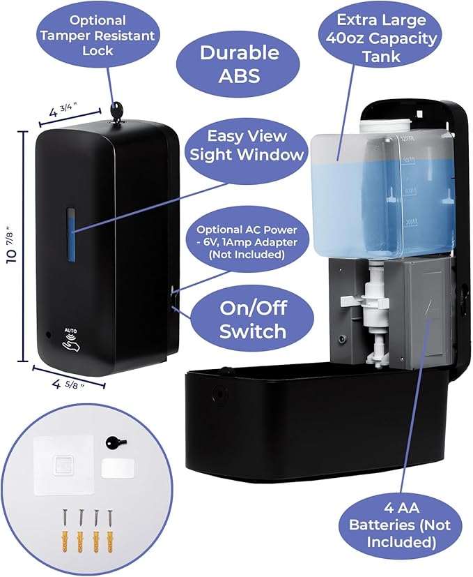 Automatic Soap Dispenser (2-Pack) with Extra Large 40 oz. Capacity (Liquid/Gel) - Wall Mounted Hand Soap or Touchless Hand Sanitizer Unit for Commercial or Home Bathrooms - ADA Compliant (Black)
