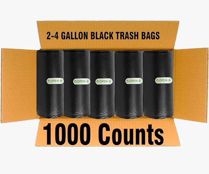 BEIDOU-PAC 2-4 Gallon Trash Bags, 1000 Count Bulk Value Pack, Black Garbage bags, Small Trash Can Bin Liners for Bathroom, Office, Industrial, Commercial, Janitorial, Municipal, Recycling