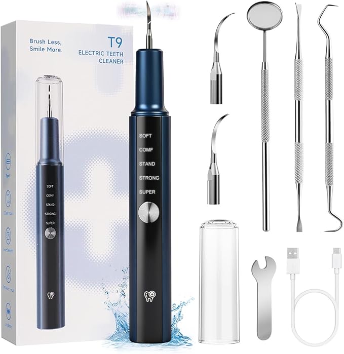 T9 Ultimate Electric Teeth Cleaner - Ultrasonic Tooth Cleaning, Violet Light Protection, 316F Stainless Steel Heads, 5-Speed Modes, IPX6 Waterproof, Oral Care Kit with 7 Accessories‌ (Blue)