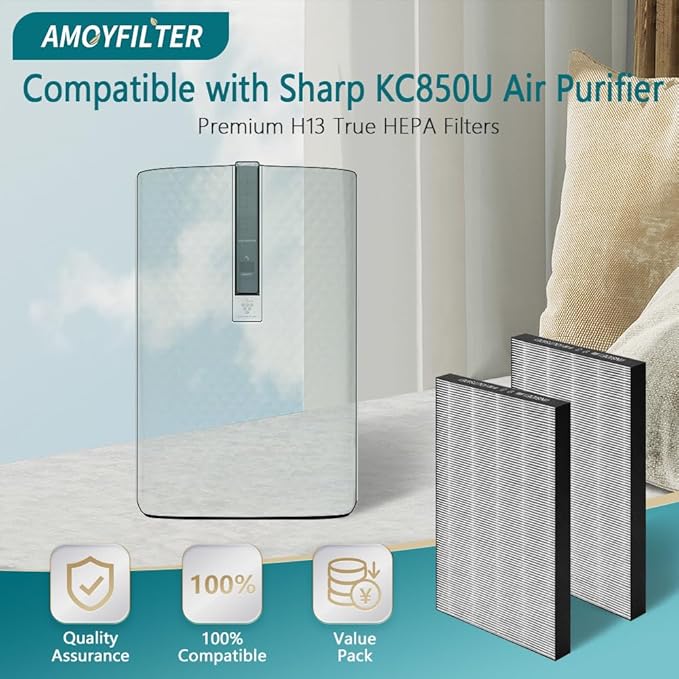 2 Pcs True HEPA KC850U Replacement Filter Compatible with KC850U Sharp Air Pur-ifier Model KC-850U, Premium True HEPA Filter for Sharp KC 850U, Part Number FZ-C100HFU