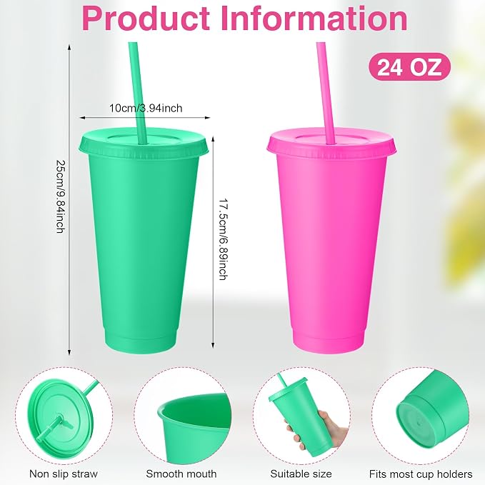 Honeydak 30 Pack Tumbler with Straw and Lid Bulk Cups for Gifts Water Bottle Iced Coffee Travel Mug Cup Reusable Plastic Tumblers for Party Birthdays 24-27 oz (Cyan and Rose Red Color)