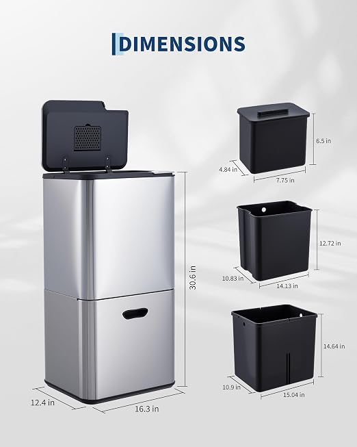 Garvee 16 Gal Dual Trash Can for Kitchen, 2 Compartment (33l + 28l) Garbage Can with Compost Bin, Stainless Steel Trash and Recycle Bin Combo with Removable Inner Bucket, Odor Control, Silver